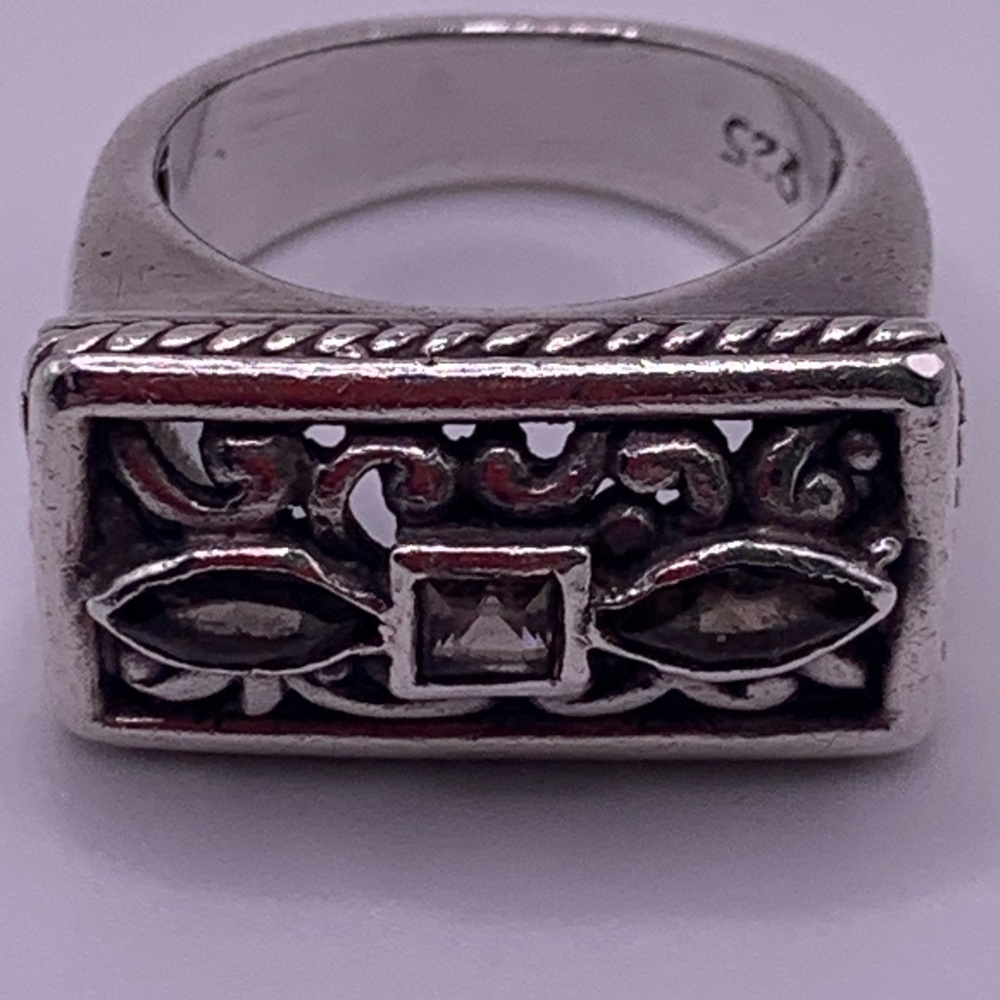 Vintage Sterling Silver Smokey Topaz & Citrine Engraved Rectangle Face Ring - Picture 5 of 12